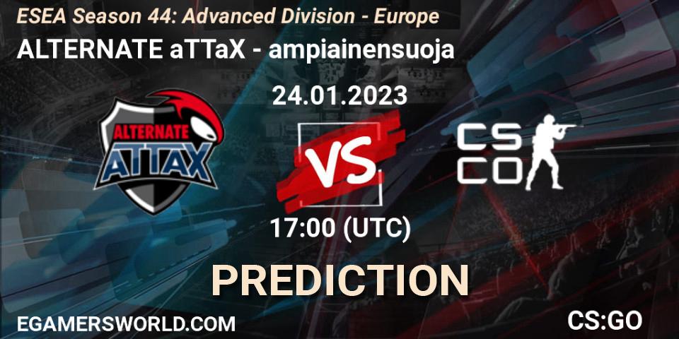 ALTERNATE aTTaX vs ampiainensuoja: Match Prediction. 24.01.2023 at 17:00, Counter-Strike (CS2), ESEA Season 44: Advanced Division - Europe