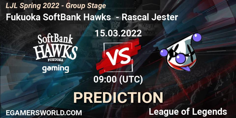 Fukuoka SoftBank Hawks vs Rascal Jester: Match Prediction. 15.03.2022 at 09:00, LoL, LJL Spring 2022 - Group Stage