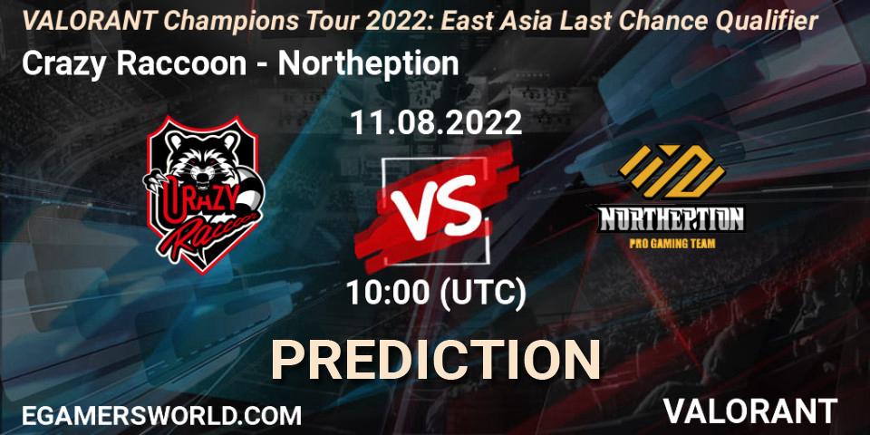 Crazy Raccoon vs Northeption: Match Prediction. 11.08.2022 at 10:00, VALORANT, VCT 2022: East Asia Last Chance Qualifier