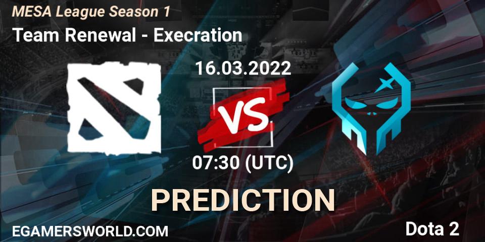 Team Renewal vs Execration: Match Prediction. 16.03.2022 at 07:30, Dota 2, MESA League Season 1