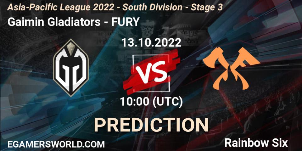 Gaimin Gladiators vs FURY: Match Prediction. 13.10.2022 at 10:00, Rainbow Six, Asia-Pacific League 2022 - South Division - Stage 3