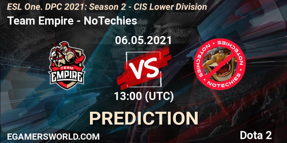 Team Empire vs NoTechies: Match Prediction. 06.05.2021 at 13:22, Dota 2, ESL One. DPC 2021: Season 2 - CIS Lower Division