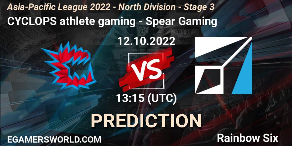 CYCLOPS athlete gaming vs Spear Gaming: Match Prediction. 12.10.2022 at 13:15, Rainbow Six, Asia-Pacific League 2022 - North Division - Stage 3