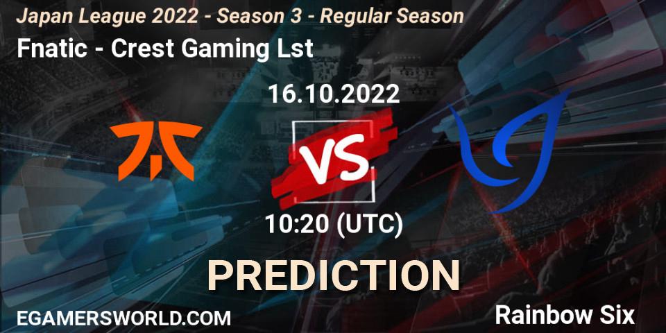Fnatic vs Crest Gaming Lst: Match Prediction. 16.10.2022 at 10:20, Rainbow Six, Japan League 2022 - Season 3 - Regular Season