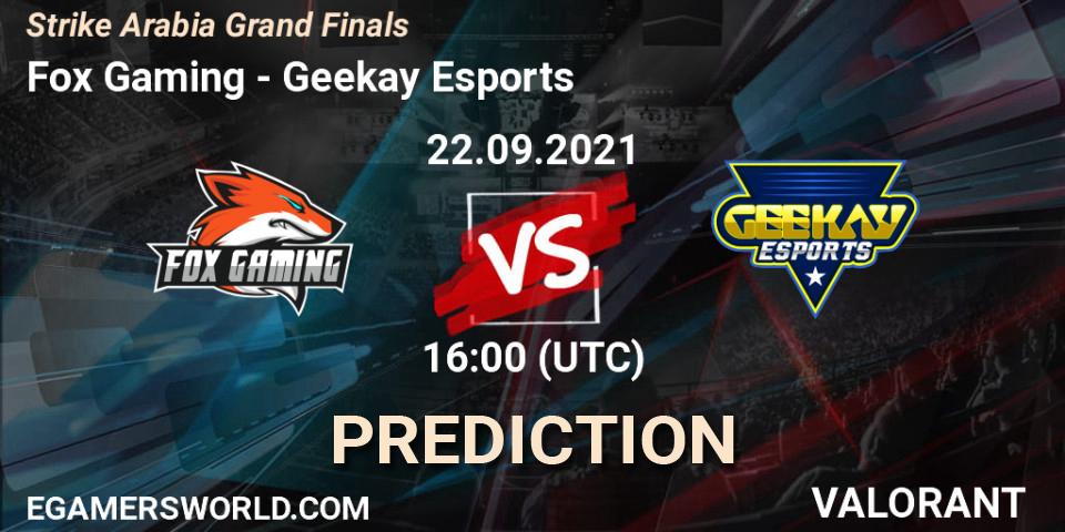 Fox Gaming vs Geekay Esports: Match Prediction. 22.09.2021 at 10:00, VALORANT, Strike Arabia Grand Finals