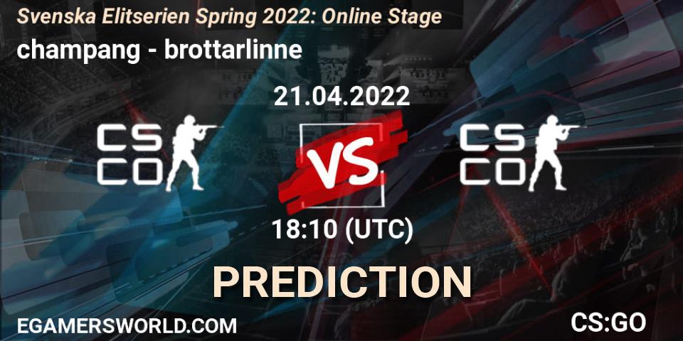champang vs brottarlinne: Match Prediction. 21.04.2022 at 18:10, Counter-Strike (CS2), Svenska Elitserien Spring 2022: Online Stage