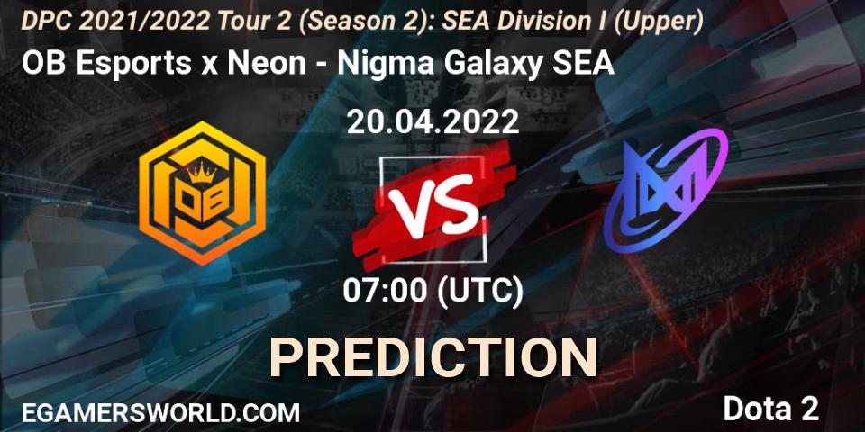 OB Esports x Neon vs Nigma Galaxy SEA: Match Prediction. 20.04.2022 at 07:01, Dota 2, DPC 2021/2022 Tour 2 (Season 2): SEA Division I (Upper)