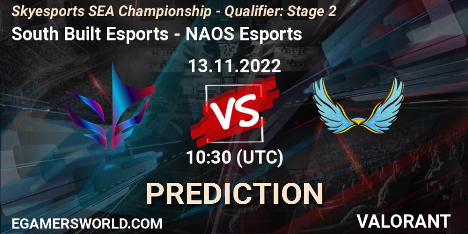 South Built Esports vs NAOS Esports: Match Prediction. 13.11.2022 at 10:30, VALORANT, Skyesports SEA Championship - Qualifier: Stage 2