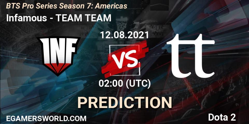Infamous vs TEAM TEAM: Match Prediction. 12.08.2021 at 03:51, Dota 2, BTS Pro Series Season 7: Americas