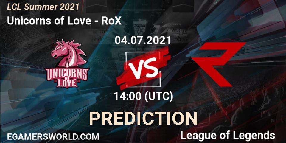 Unicorns of Love vs RoX: Match Prediction. 04.07.2021 at 14:00, LoL, LCL Summer 2021