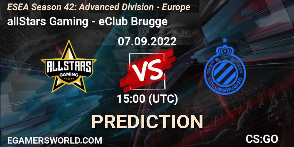 allStars Gaming vs eClub Brugge: Match Prediction. 07.09.2022 at 15:00, Counter-Strike (CS2), ESEA Season 42: Advanced Division - Europe