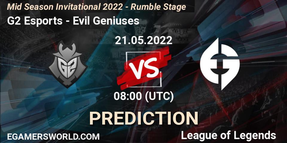G2 Esports vs Evil Geniuses: Match Prediction. 21.05.2022 at 08:00, LoL, Mid Season Invitational 2022 - Rumble Stage