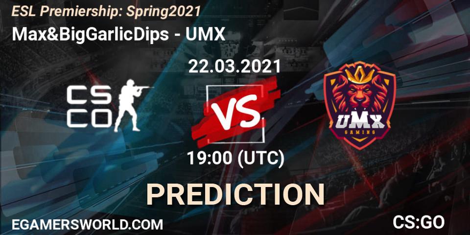 Max&BigGarlicDips vs UMX: Match Prediction. 22.03.2021 at 19:00, Counter-Strike (CS2), ESL Premiership: Spring 2021