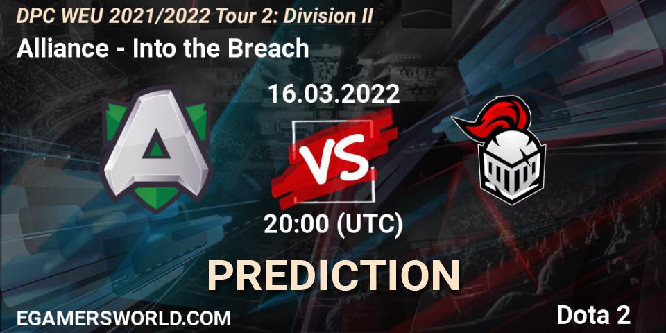 Alliance vs Into the Breach: Match Prediction. 16.03.2022 at 20:09, Dota 2, DPC 2021/2022 Tour 2: WEU Division II (Lower) - DreamLeague Season 17