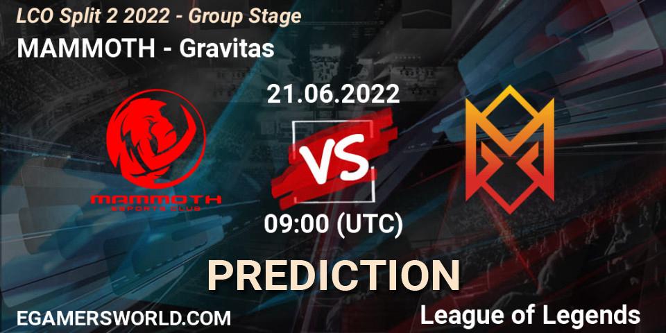 MAMMOTH vs Gravitas: Match Prediction. 21.06.2022 at 09:00, LoL, LCO Split 2 2022 - Group Stage