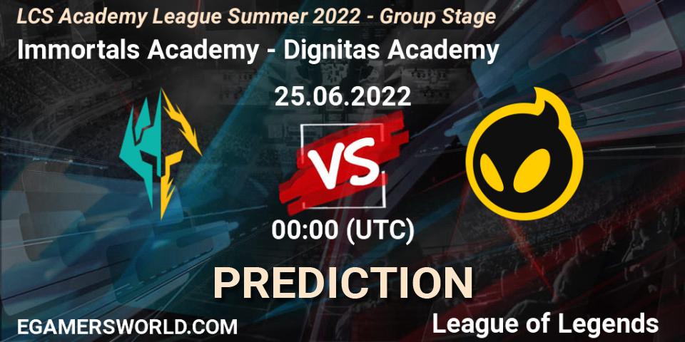 Immortals Academy vs Dignitas Academy: Match Prediction. 25.06.2022 at 00:00, LoL, LCS Academy League Summer 2022 - Group Stage