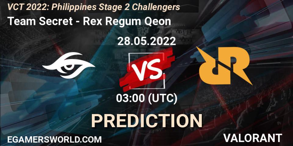Team Secret vs Rex Regum Qeon: Match Prediction. 28.05.2022 at 06:10, VALORANT, VCT 2022: Philippines Stage 2 Challengers