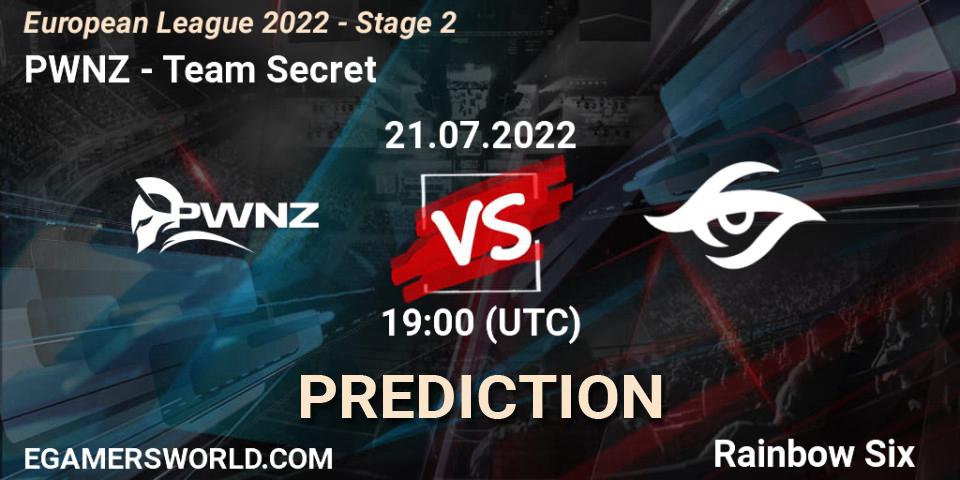 PWNZ vs Team Secret: Match Prediction. 21.07.2022 at 16:00, Rainbow Six, European League 2022 - Stage 2