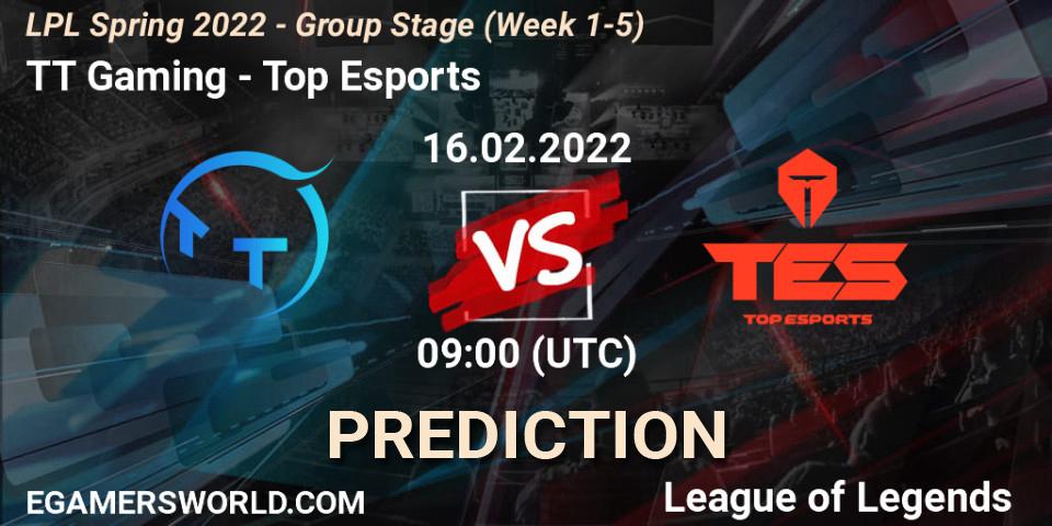 TT Gaming vs Top Esports: Match Prediction. 16.02.2022 at 09:00, LoL, LPL Spring 2022 - Group Stage (Week 1-5)