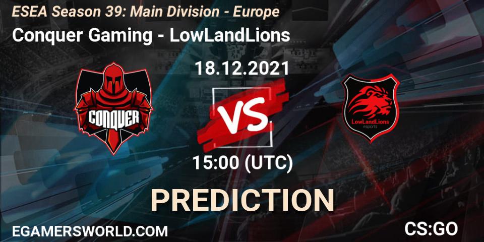 Conquer vs LowLandLions: Match Prediction. 18.12.2021 at 15:00, Counter-Strike (CS2), ESEA Season 39: Main Division - Europe