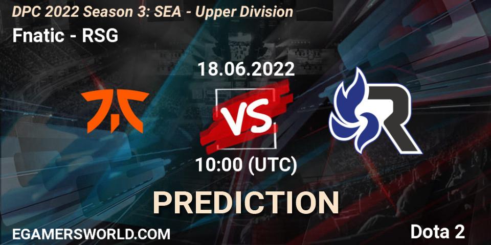 Fnatic vs RSG: Match Prediction. 18.06.2022 at 11:59, Dota 2, DPC SEA 2021/2022 Tour 3: Division I