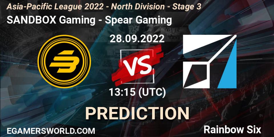 SANDBOX Gaming vs Spear Gaming: Match Prediction. 28.09.2022 at 13:15, Rainbow Six, Asia-Pacific League 2022 - North Division - Stage 3