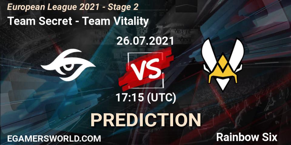 Team Secret vs Team Vitality: Match Prediction. 26.07.2021 at 17:15, Rainbow Six, European League 2021 - Stage 2