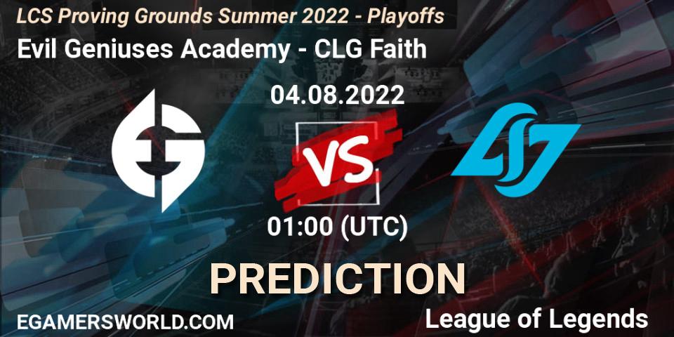 Evil Geniuses Academy vs CLG Faith: Match Prediction. 04.08.2022 at 00:00, LoL, LCS Proving Grounds Summer 2022 - Playoffs