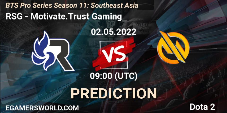 RSG vs Motivate.Trust Gaming: Match Prediction. 07.05.2022 at 09:03, Dota 2, BTS Pro Series Season 11: Southeast Asia