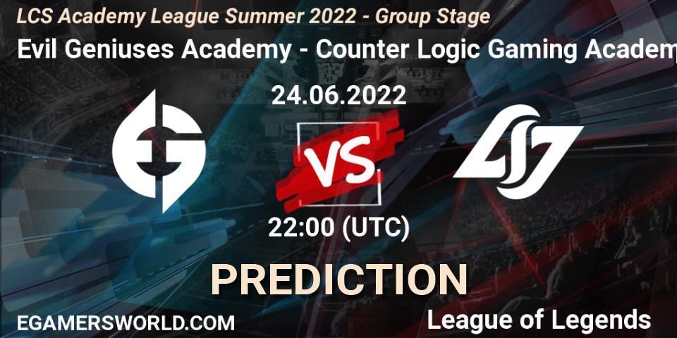 Evil Geniuses Academy vs Counter Logic Gaming Academy: Match Prediction. 24.06.2022 at 22:00, LoL, LCS Academy League Summer 2022 - Group Stage