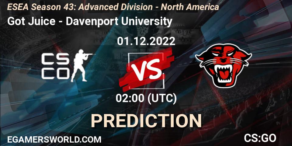 Got Juice vs Davenport University: Match Prediction. 01.12.22, CS2 (CS:GO), ESEA Season 43: Advanced Division - North America