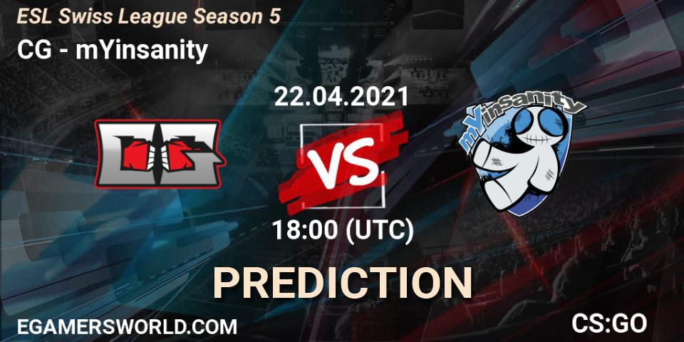 CG vs mYinsanity: Match Prediction. 22.04.2021 at 18:00, Counter-Strike (CS2), ESL Swiss League Season 5