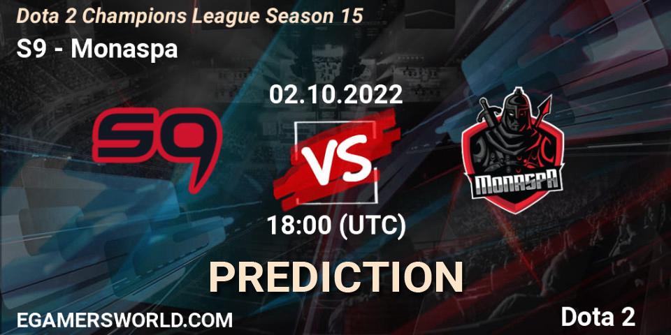 S9 vs Monaspa: Match Prediction. 02.10.2022 at 18:01, Dota 2, Dota 2 Champions League Season 15