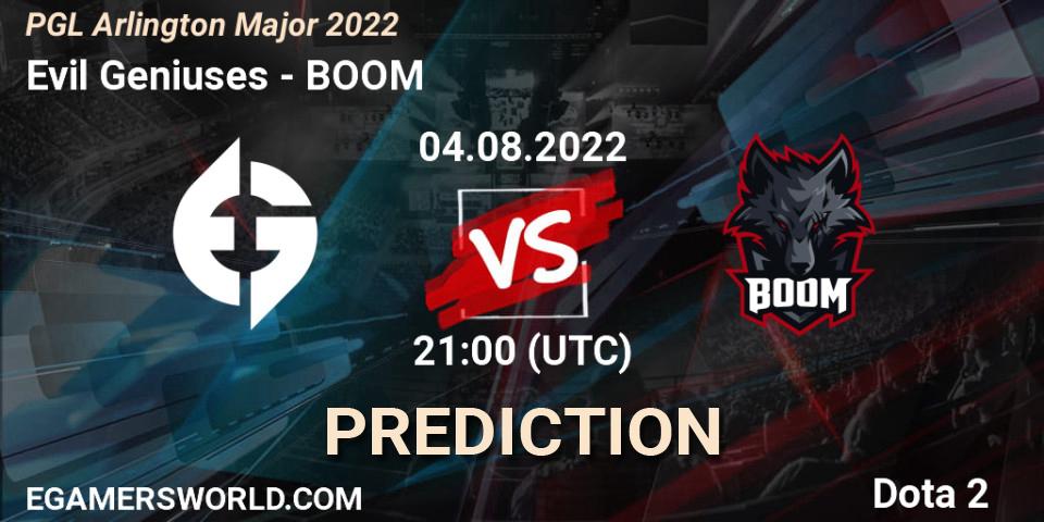 Evil Geniuses vs BOOM: Match Prediction. 04.08.2022 at 21:58, Dota 2, PGL Arlington Major 2022 - Group Stage