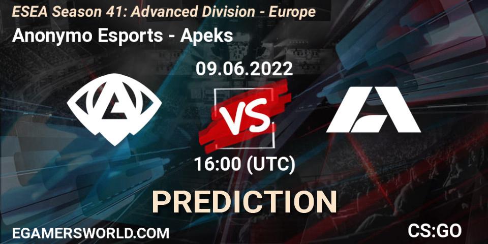 Anonymo Esports vs Apeks: Match Prediction. 09.06.2022 at 16:00, Counter-Strike (CS2), ESEA Season 41: Advanced Division - Europe