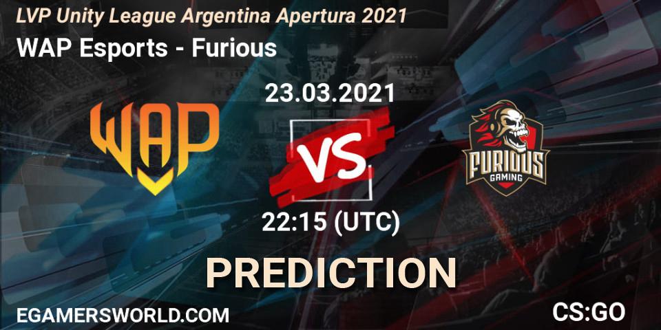 WAP Esports vs Furious: Match Prediction. 23.03.2021 at 22:15, Counter-Strike (CS2), LVP Unity League Argentina Apertura 2021