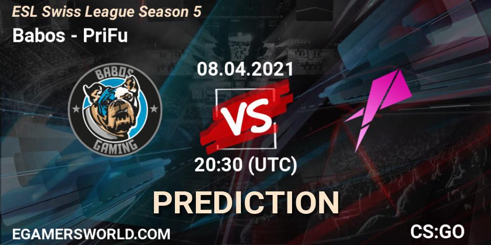Babos vs PriFu: Match Prediction. 08.04.2021 at 20:30, Counter-Strike (CS2), ESL Swiss League Season 5
