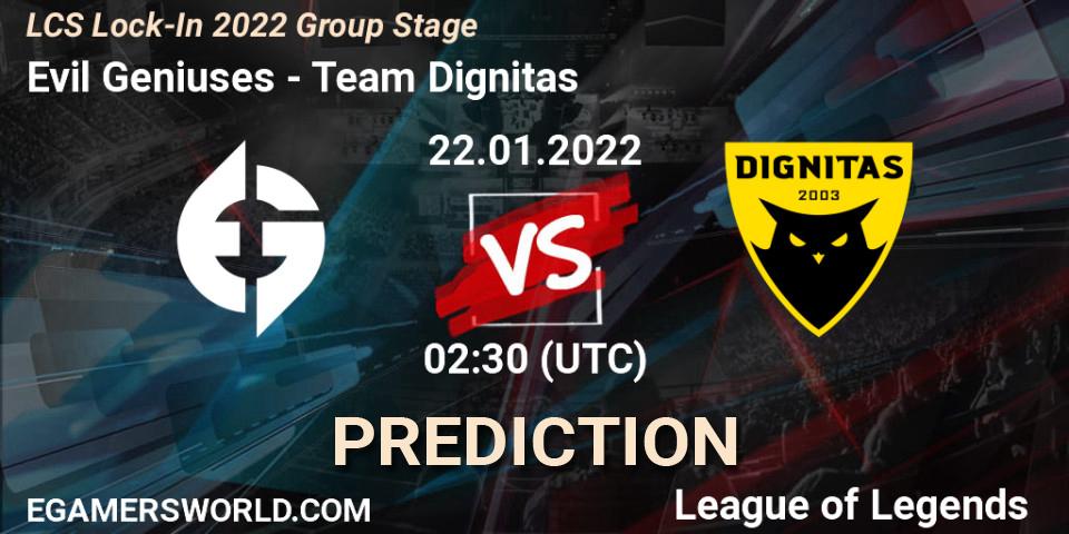 Evil Geniuses vs Team Dignitas: Match Prediction. 22.01.2022 at 02:30, LoL, LCS Lock-In 2022 Group Stage