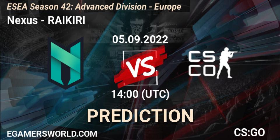 Nexus vs RAIKIRI: Match Prediction. 05.09.2022 at 14:00, Counter-Strike (CS2), ESEA Season 42: Advanced Division - Europe