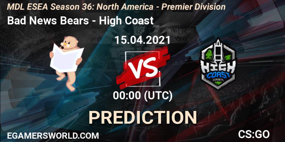 Bad News Bears vs High Coast: Match Prediction. 15.04.2021 at 00:00, Counter-Strike (CS2), MDL ESEA Season 36: North America - Premier Division
