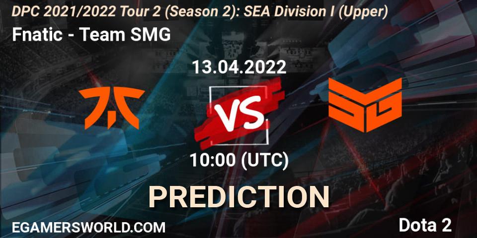 Fnatic vs Team SMG: Match Prediction. 13.04.2022 at 10:25, Dota 2, DPC 2021/2022 Tour 2 (Season 2): SEA Division I (Upper)