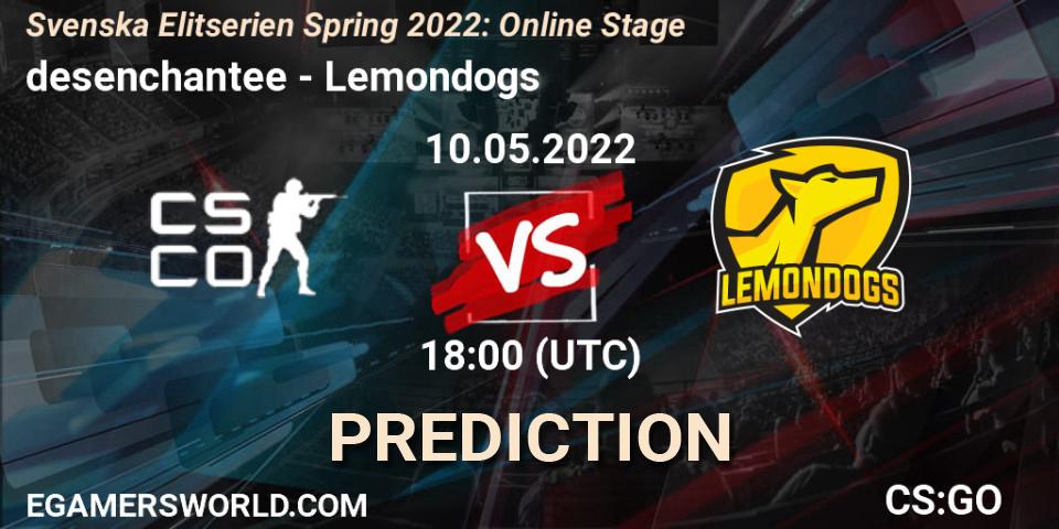 desenchantee vs Lemondogs: Match Prediction. 10.05.2022 at 18:00, Counter-Strike (CS2), Svenska Elitserien Spring 2022: Online Stage