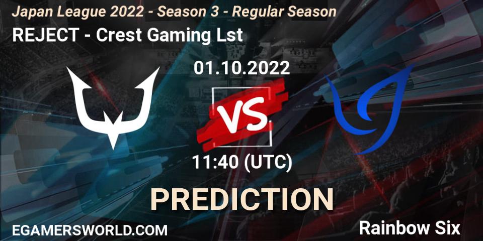 REJECT vs Crest Gaming Lst: Match Prediction. 01.10.2022 at 11:40, Rainbow Six, Japan League 2022 - Season 3 - Regular Season