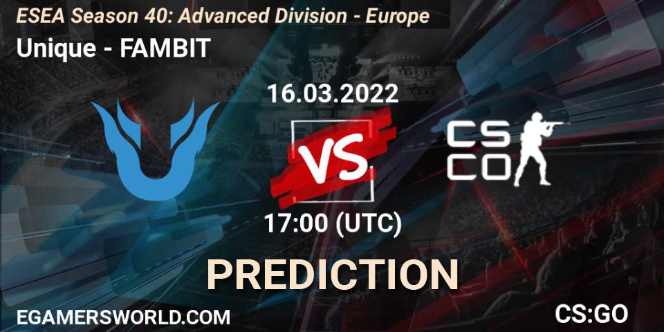 Unique vs FAMBIT: Match Prediction. 16.03.2022 at 17:00, Counter-Strike (CS2), ESEA Season 40: Advanced Division - Europe
