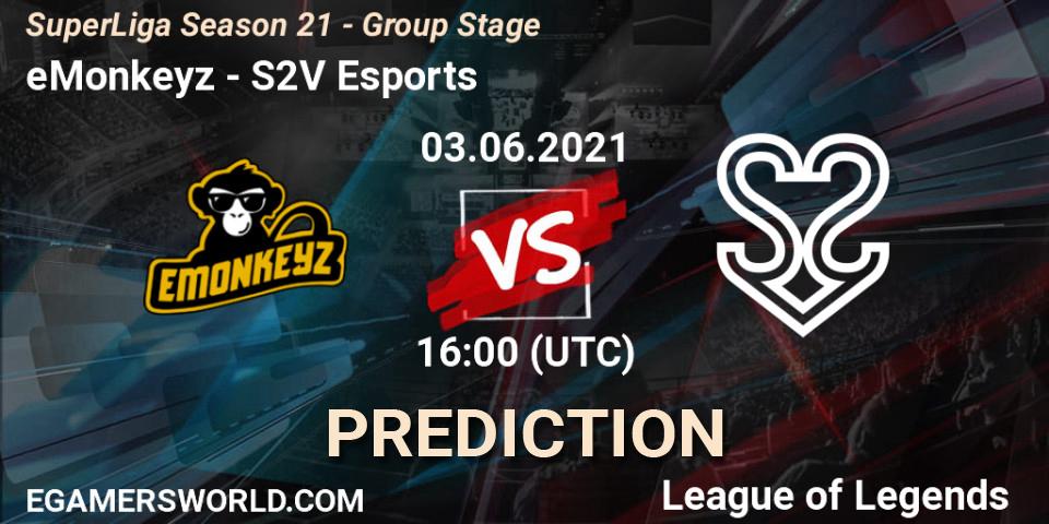 eMonkeyz vs S2V Esports: Match Prediction. 03.06.2021 at 16:00, LoL, SuperLiga Season 21 - Group Stage 