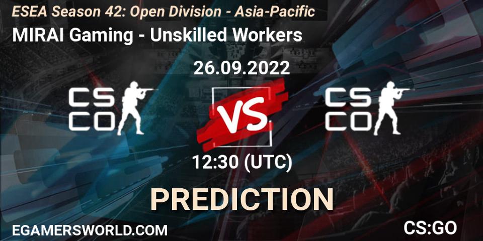 MIRAI Gaming vs Unskilled Workers: Match Prediction. 27.09.2022 at 13:00, Counter-Strike (CS2), ESEA Season 42: Open Division - Asia-Pacific