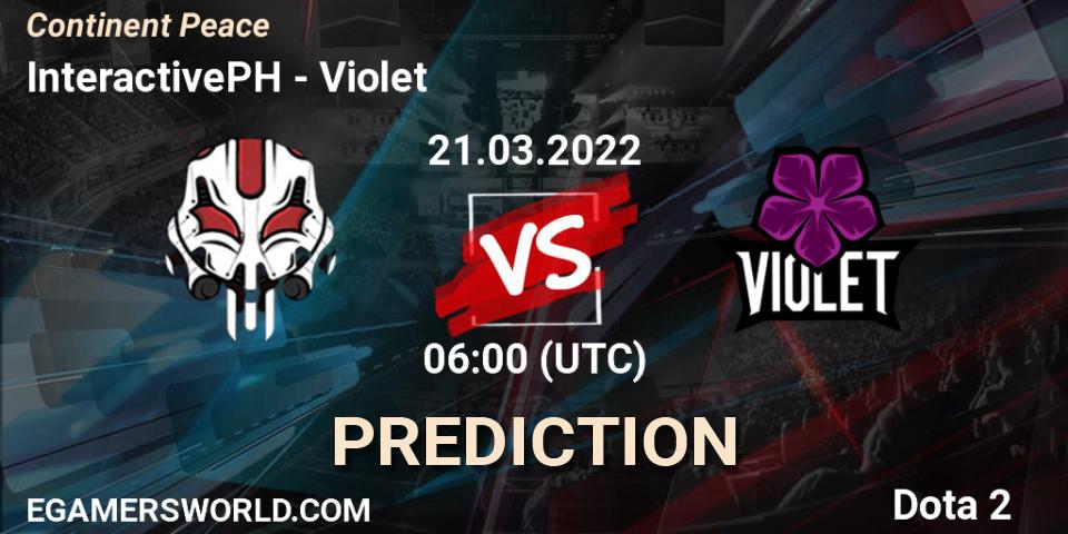 InteractivePH vs Violet: Match Prediction. 21.03.2022 at 06:19, Dota 2, Continent Peace