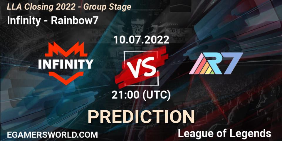 Infinity vs Rainbow7: Match Prediction. 10.07.2022 at 21:00, LoL, LLA Closing 2022 - Group Stage