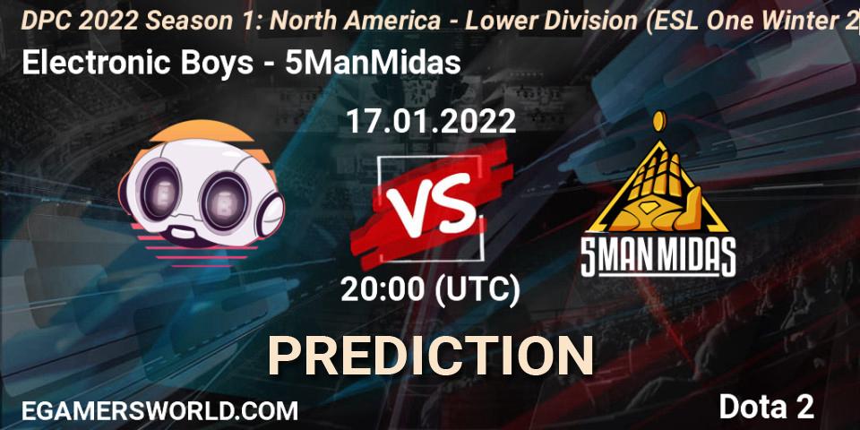 Electronic Boys vs 5ManMidas: Match Prediction. 17.01.22, Dota 2, DPC 2022 Season 1: North America - Lower Division (ESL One Winter 2021)