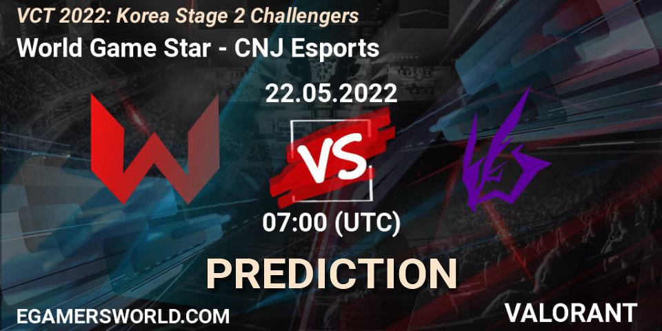 World Game Star vs CNJ Esports: Match Prediction. 22.05.2022 at 07:00, VALORANT, VCT 2022: Korea Stage 2 Challengers